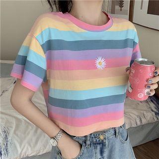 Flower Embroidered Short-sleeve Striped Cropped T-shirt