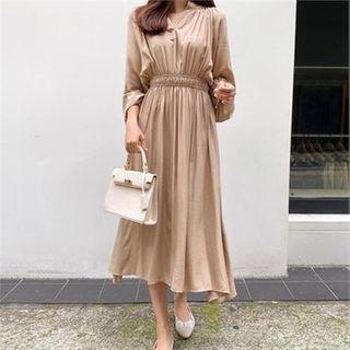 Open-placket Shirred A-line Dress