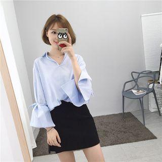 Tie-cuff V-neck Striped Blouse