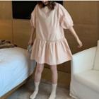 Crew-neck Puff-sleeve Shift Dress Pink - One Size