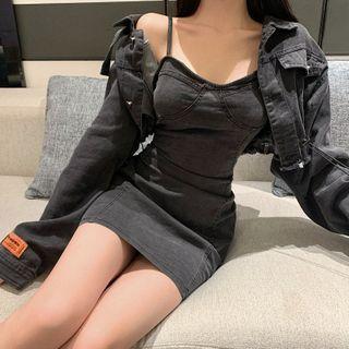 Cropped Denim Jacket / Spaghetti Strap Mini Denim Dress