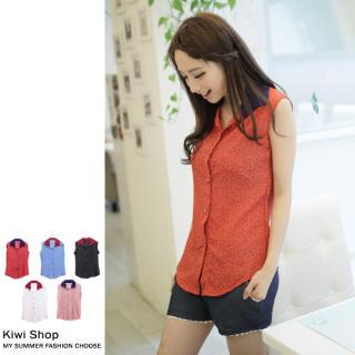 Contrast-collar Sleeveless Dotted Chiffon Blouse Red - One Size