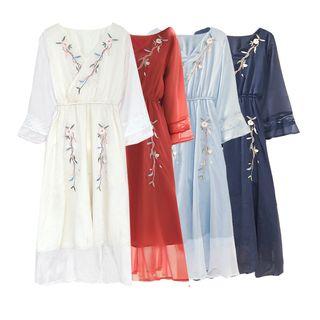 Floral Embroidered Long-sleeve Chiffon Dress