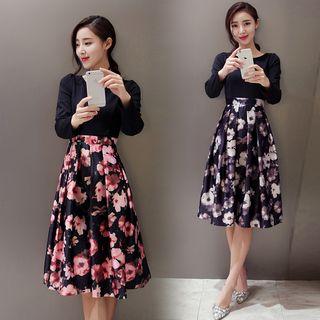 Long-sleeve Floral Panel Midi Dress