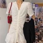 Short-sleeve Eyelet Lace Drawstring Mini Dress White - One Size