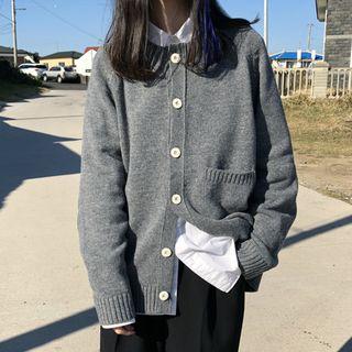 Color Panel Round-neck Long-sleeve Cardigan Jacket Gray - One Size