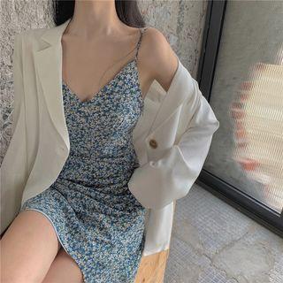 Plain Blazer / Spaghetti-strap Floral Print Mini A-line Dress