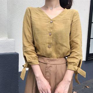 Tie-sleeve V-neck Blouse Yellow - One Size