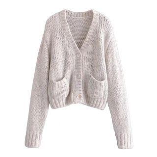 Long-sleeve V-neck Pocketed Knit Cardigan