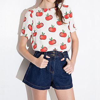 Apple Print Bow Accent Short Sleeve T-shirt