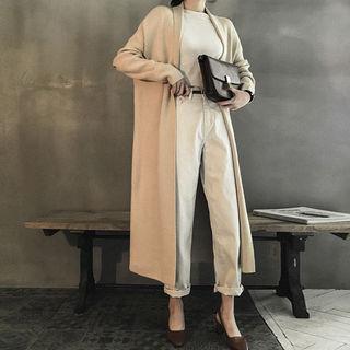 Shawl-lapel Open-front Long Cardigan
