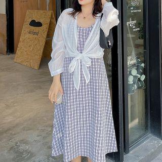 Set: Spaghetti Strap Plaid Midi A-line Dress + Light Jacket