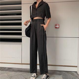 V-neck Elbow-sleeve Blouse / High-waist Cropped Wide-leg Pants