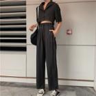 V-neck Elbow-sleeve Blouse / High-waist Cropped Wide-leg Pants