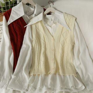 Set: Cable-knit Button-up Knit Vest + Plain Shirt