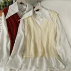 Set: Cable-knit Button-up Knit Vest + Plain Shirt