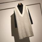 Set: Plain Turtleneck Sweater + Patterned Pinafore Knit Dress