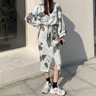 Printed Hoodie / Slit Midi Straight-fit Skirt