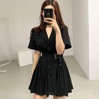 Short-sleeve Single-breasted Pleated Coat Dress