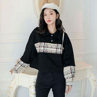 Tweed Panel Polo-neck Cropped Pullover