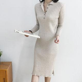 Wool Blend Ribbed Midi Polo Dress