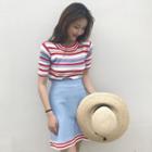 Set: Short-sleeve Striped T-shirt + Mini Skirt As Shown In Figure - One Size