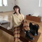 Drawstring Blouse / Knit Vest / Plaid Cropped Harem Pants