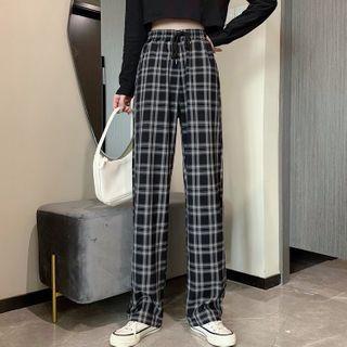 Plaid High Waist Straight Cut Drawstring Pants