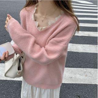 Lace Trim Sweater Airy Blue - One Size