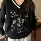 Long-sleeve V-neck Printed Knit Sweater Black - One Size