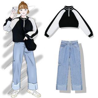 Color Block Cropped Pullover / Distressed Wide-leg Jeans