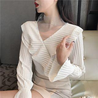Mesh Panel V-neck Ruffle Top