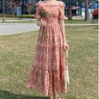 Short-sleeve Off-shoulder Floral Print Tiered Midi A-line Dress