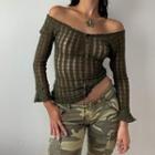 Long-sleeve Off-shoulder Perforated Knit Crop Top