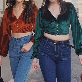 V-neck Velvet Lantern-sleeve Short Top