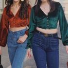 V-neck Velvet Lantern-sleeve Short Top