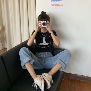 Short-sleeve Floral Print Cropped T-shirt / Washed Straight-cut Jeans