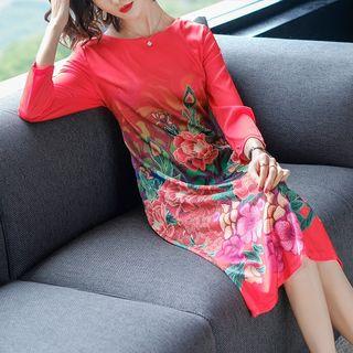 Floral 3/4-sleeve Midi Shift Dress