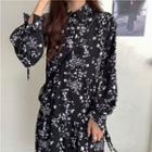 Long-sleeve Floral Print Loose-fit Dress Black - One Size