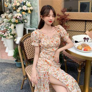 Square-neck Floral Split A-line Dress