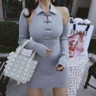 Set: Halter-neck Collared Frog-buttoned Knit Mini Bodycon Dress + Shrug