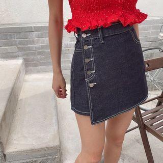 Asymmetrical Contrast Stitched Denim Skort