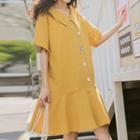 Ruffle Hem Elbow-sleeve Collared Dress
