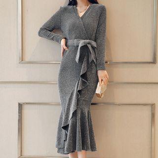 Ruffle Trim Glitter Midi Dress