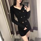 V-neck Button Detail Long-sleeve Knit Dress