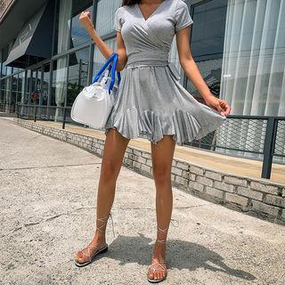 Set: Tie-waist Wrap-front Top + Band-waist Flare Skirt
