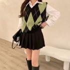 Plain Shirt / Argyle Loose Vest / Pleated Mini Skirt