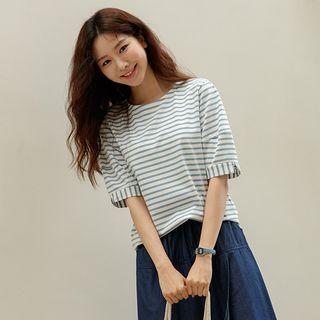Puff-sleeve Slit-cuff Stripe T-shirt