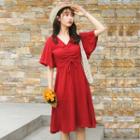 Elbow-sleeve Drawstring Chiffon Dress Vintage Red - One Size