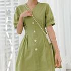 Buttoned Tie-back Short-sleeve Mini A-line Dress